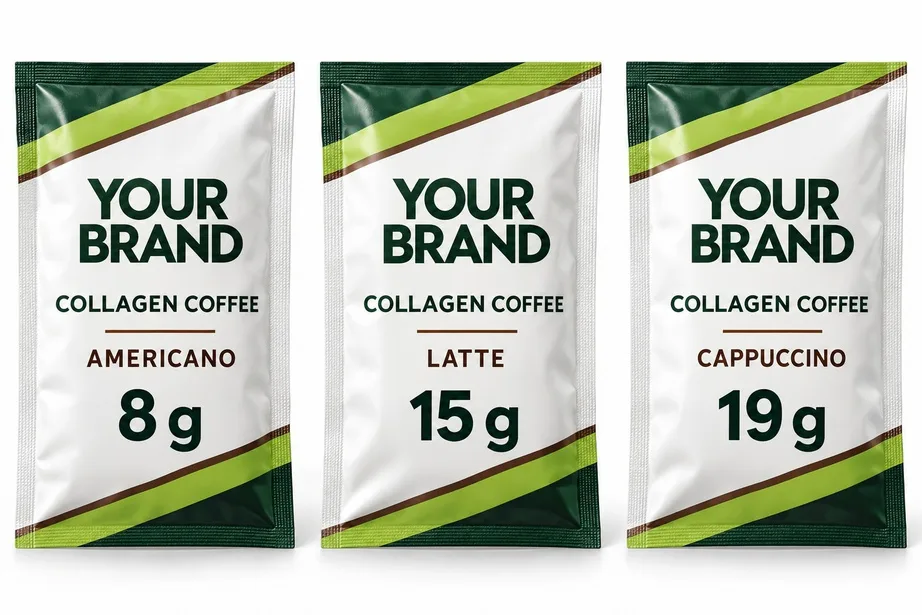 Private label collagen coffee sachets: Americano 8 g, Latte 15 g and Cappuccino 19 g