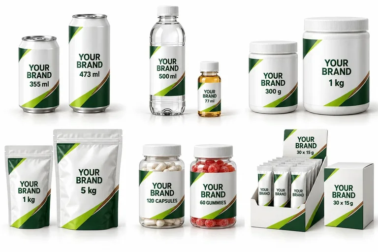Private label packaging range: 355 ml and 473 ml cans, 500 ml bottle, 77 ml shot, 300 g and 1 kg jars, 1 kg and 5 kg pouches, capsules, gummies and sachet display box