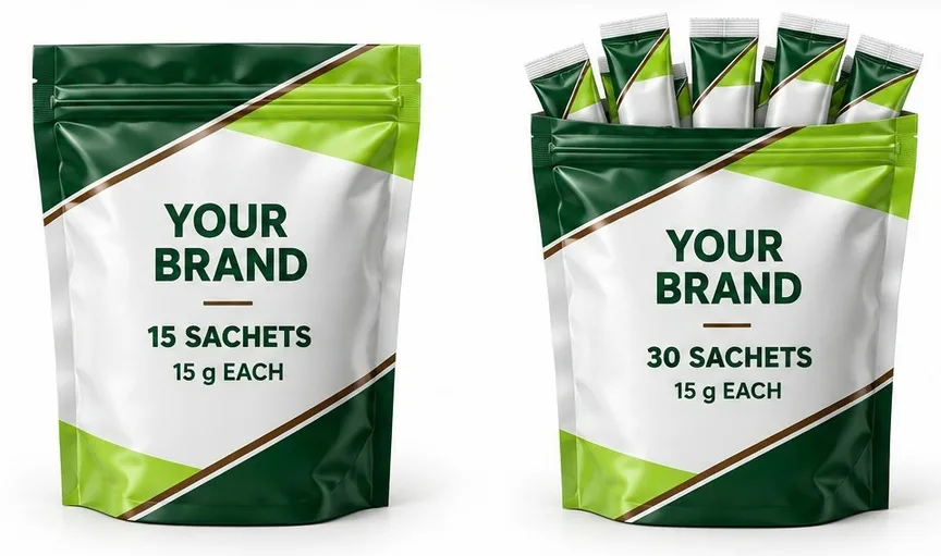 Resealable pouches holding 15 and 30 sachets of 15 g